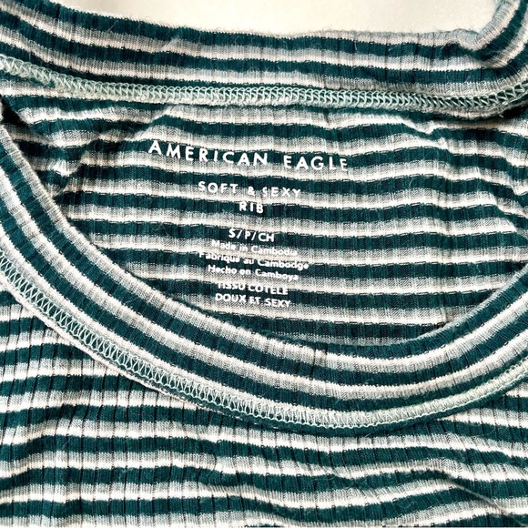 American Eagle Teal and White Striped Ribbed Tee - Picture 2 of 3